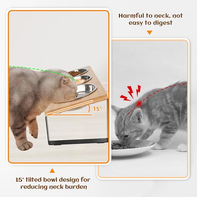 Elevated Cat Bowl, 15° Tilted Cat Bowl Stand with 3 Stainless Steel Bowls for Indoor Cats and Pet, Raised Cats Bowls for Food and Water - Image 4