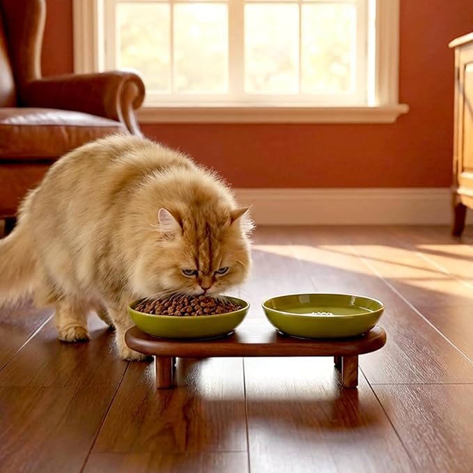 SPUNKYJUNKY Extra Wide Elevated Ceramic Cat Bowl with Acacia Wood Stand Whisker Friendly (Cat Paw Pattern, Green) - Image 6