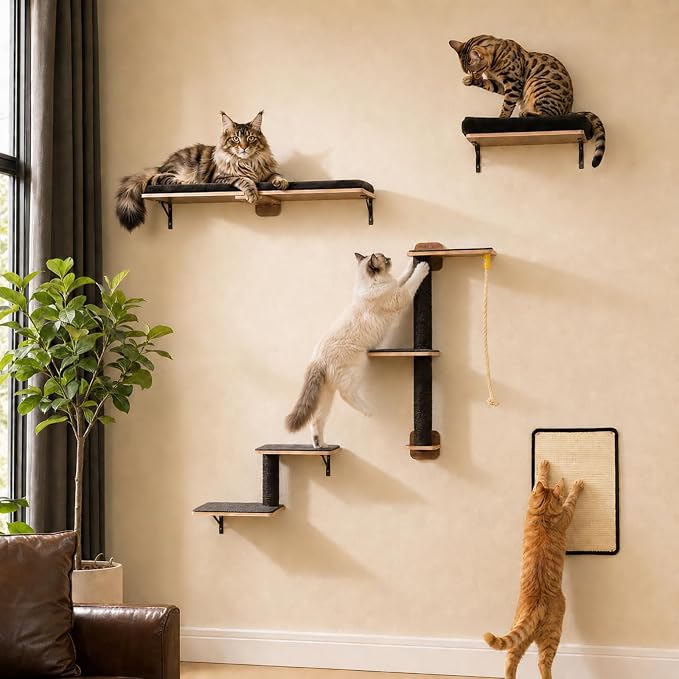 PAWZ Road Cat Wall Shelves, Modern Cat Wall Furniture with Sisal Posts | 5-in-1 wall mounted cat tree ,wood cat shelves with long perch,cat wall climber holds up to 40lbs for large indoor cats by PAWZRoad