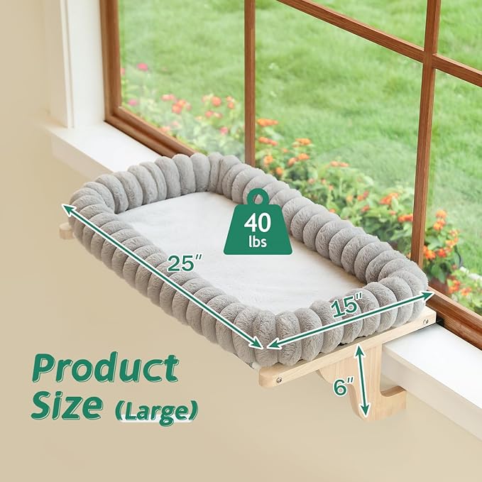 Zakkart SnugCloud Cat Window Perch with 4-Sided Bolster - Large Cat Hammock for Window Sill - Solid Hardwood & Metal Frame - Window Seat for Pets (Natural Color Wood w/Gray Bed, Large) - Image 7
