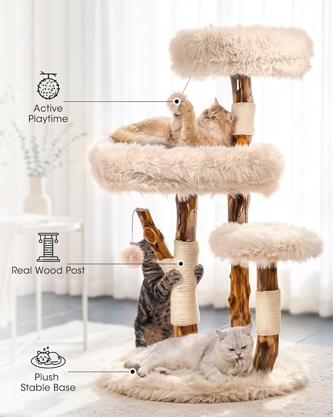 Real Branch Cat Tree, Natural Wood Cat Tower for Indoor Cats | Real Tree Branches no Processed Wood, 44 lbs Capacity, Premium Faux Fur Perches, 23.6" Anti-Tip Base, 30-Min Assembly - Image 2