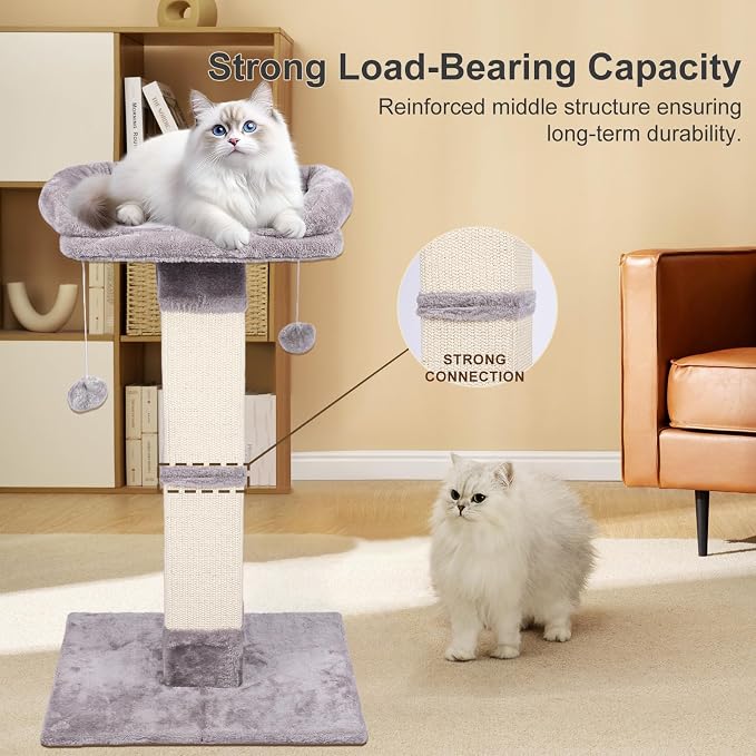 34" Tall Cat Scratching Post with Bed, Sisal Scratch Posts Trees with Plush Perch and Hanging Ball for Indoor Cats, Removable Cover, Large Scratch Post and Base, Rugged and Durable, Light Grey - Image 4