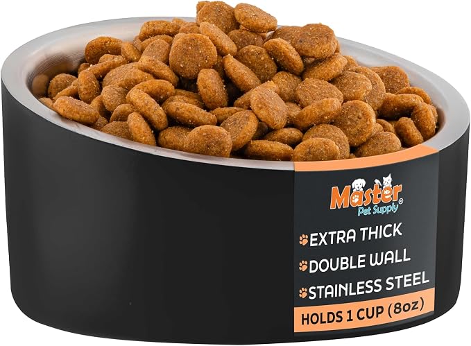 Master Pet Supply Stainless Steel Slanted Dog Cat Food Bowl 8 oz Black | Heavy Duty Double Wall Insulated Non-Slip Elevated Bowl for French Bulldogs Pugs Cats Anti Rust Dishwasher Safe, Black Velvet by MasterPetSupply