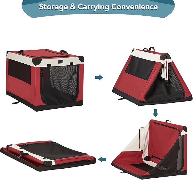 PETSFIT 36" Soft Portable Dog Crate – Patented Spiral Sturdy Frame, Collapsible Travel Kennel for Medium & Large Dogs, 3 Mesh Door, Lockable Zippers, Indoor & Car Use Red - Image 6