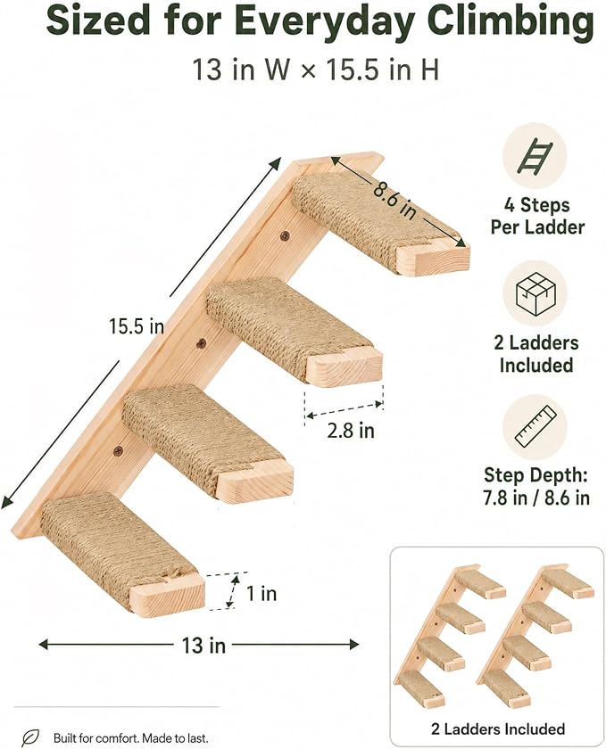 Cat Climbing Stair Shelf, Wall Mounted Reversible Ladder 2PCS 4 Steps | Reversible Left & Right Direction, For Cats up to 10 Pounds, Jute Scratching Ladder, Space Saving, 4-Step Design, Wall Mount - Image 5