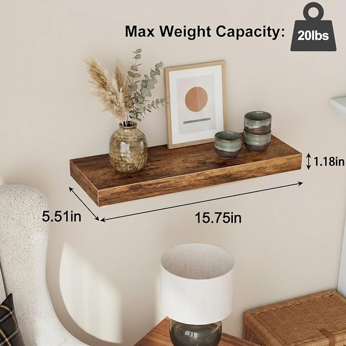 Fixwal Floating Shelves for Wall Decor (Rustic Brown, Set of 4, 15.7 Inch) | MDF Shelves with Metal Brackets, Space Saving for Books, Decor, Works in Bathroom, Kitchen, Living Room, Bedroom - Image 3