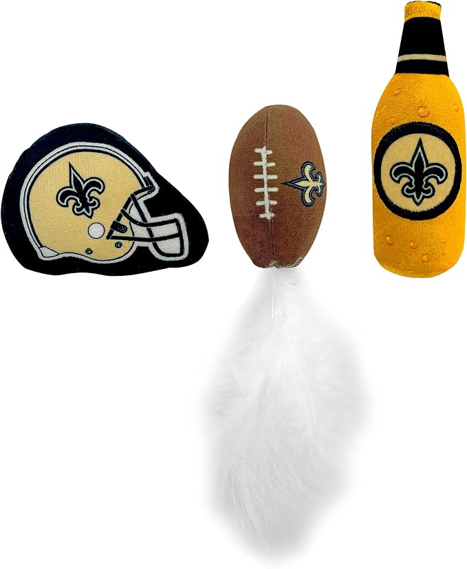 BEST PLUSH CAT TOY: NFL NEW ORLEANS SAINTS Complete Set of 3 piece Cat Toys filled with Fresh Catnip. Includes: 1 Helmet Cat Toy, 1 Football Cat Toy with Feathers & 1 Beer Bottle. Beautiful Team LOGOS - Image 6