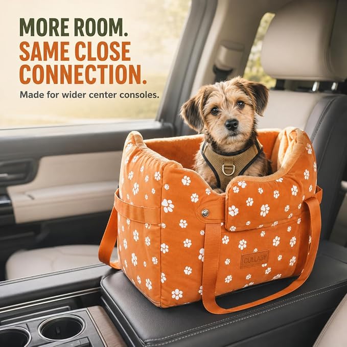 Center Console Dog Car Seat for Medium Dogs, Orange | Portable Armrest Booster With Soft Cushion Safety Belt, Up To 21 Lbs - Image 2