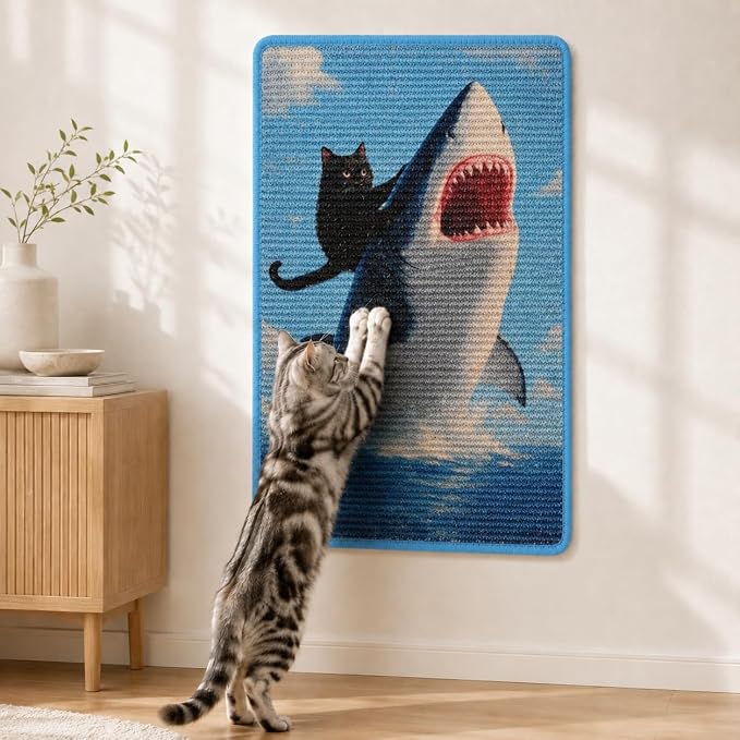 Art Sisal Cat Scratcher Mat, Cat Wall Scratchers for Indoor Cats | Wall Mounted Cat Scratcher, Natural Sisal, No-Drill Hook & Loop Setup, Floor or Wall Use, 23.6 x 15.7 Inch, Shark by LESISSMER