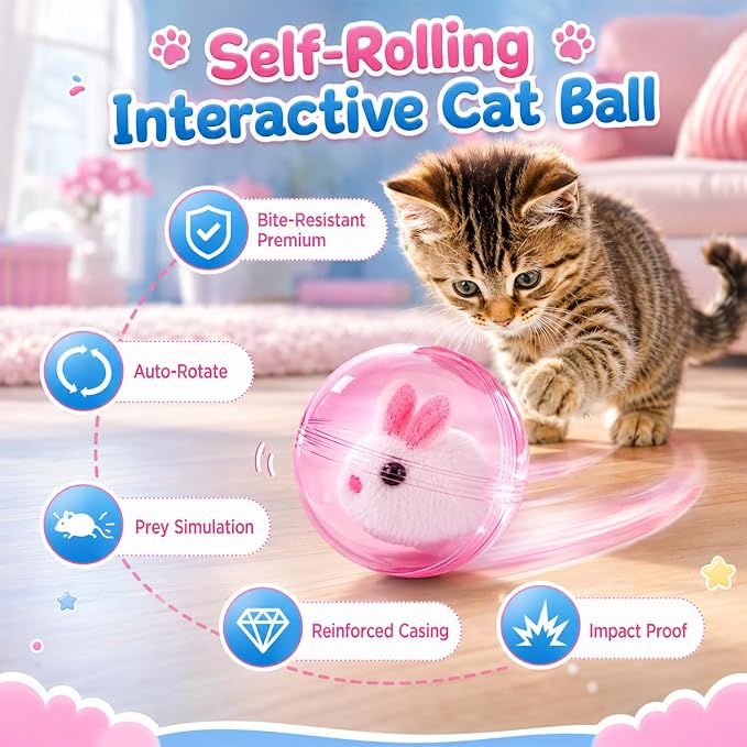 Self-Rolling Interactive Cat Ball, Automatic Animal Pet Rolling Ball | Hamster Ball for Cats Interactive,Hamster in Rolling Balls Smart Cat Toy, Motion Activated Cat Enrichment Toys (Pink) - Image 2