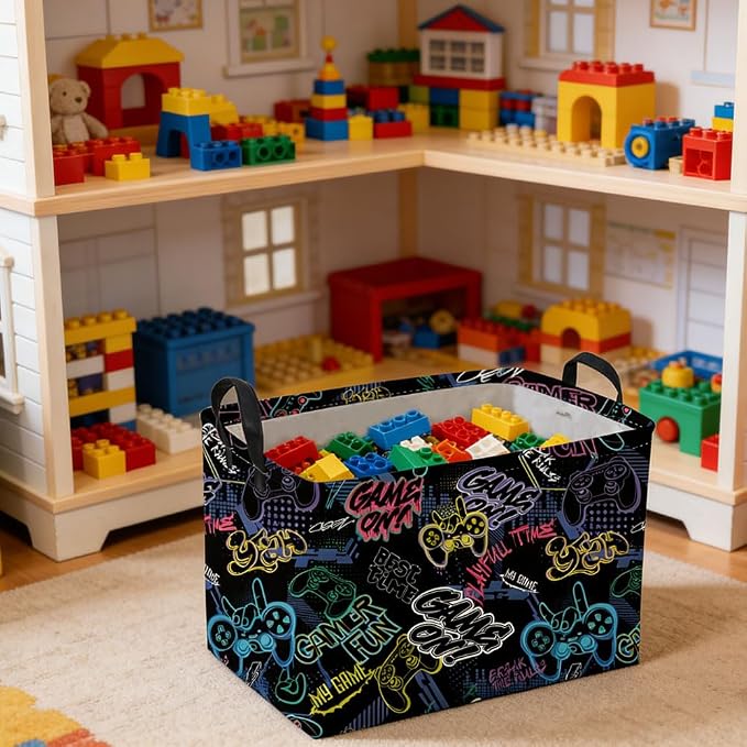 Rectangular Kids Baskets,Waterproof Foldable Storage Basket with Handles,Games Basket,Boys Room DecorGame Storage Bin,Shelf Baskets(Cool Game) - Image 2