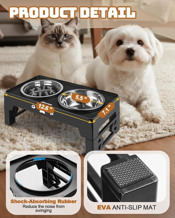 Jovrun Elevated Dog Bowls for Small Dogs and Cats, Non-Slip Cat Bowls with 1*Stainless Steel Dishes & 1*Slow Feeder Bowl, Dog Feeder 2 Heights Adjustable to 2.6"-5.3" - Image 3