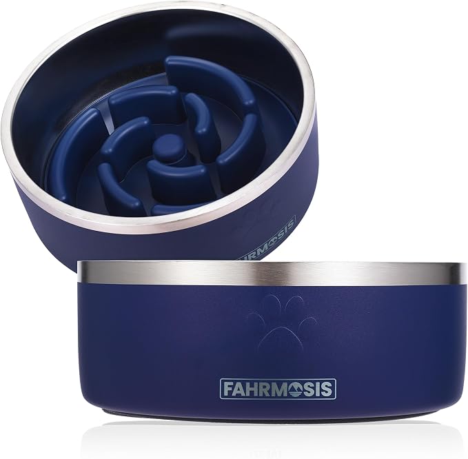 FAHRMOSIS 32 Oz Dog Bowl with Slow Feeder Insert Stainless Steel Pet Water Bowl for Medium & Large Breed Non Slip Rubber Base & Plastic Puzzle Feeder - Navy Blue by Fahrmosis