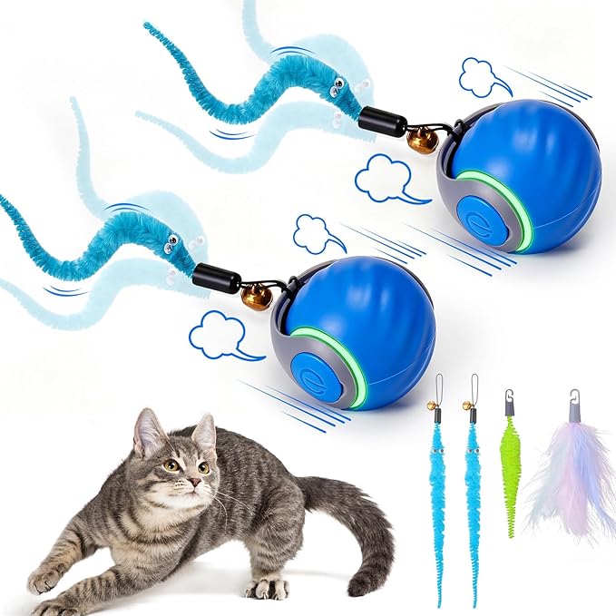 BABORUI 2Pack Blue Interactive Cat Toy Ball - Automatic Interactive Cat Toys for Indoor Cats with 3 Tails, 2 Speeds Rechargeable Enrichment for Small/Medium/Large to Keep Them Busy by BABORUI