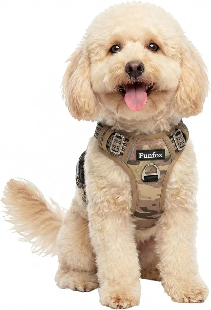 Dog Harness No Pull, Adjustable Pet Vest Harness, Super Soft Material with Vertical Handle Easy Control, Reflective Night Walking, 2 Leash Clips for Small Sized Dogs, Camo Brown, S by MyFUNFOX
