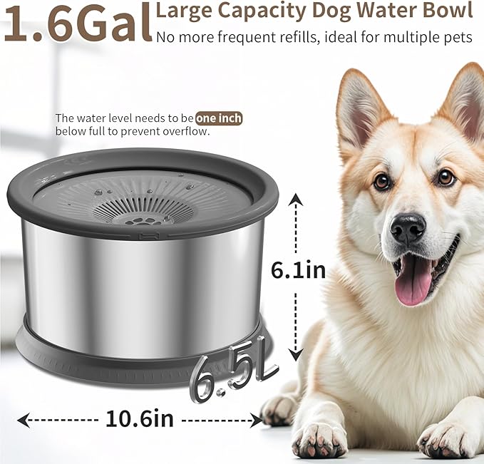 6.5L Dog Water Bowl No Spill 1.6 Gallon Stainless Steel Water Bowl with 4 Filters for Dogs 220oz Large Capacity No Splash Slow Drinking Feeder with Anti-Slip Mat for Messy Drinkers - Image 3