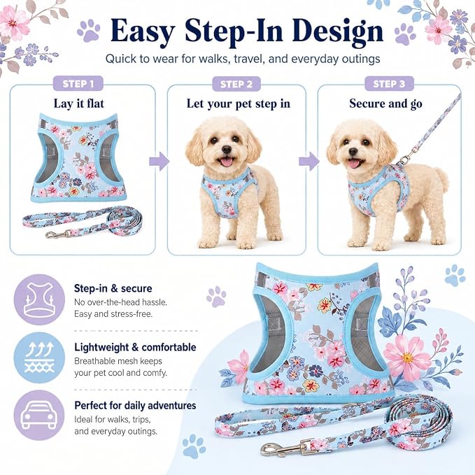 Step in Dog Harness Leash Set- All Weather Reflective No-Pull Floral Pattern Padded Mesh Vest Harness for Cats Puppy Extra-Small Small Medium Large Dogs - Bell Orchid - XS - Image 3