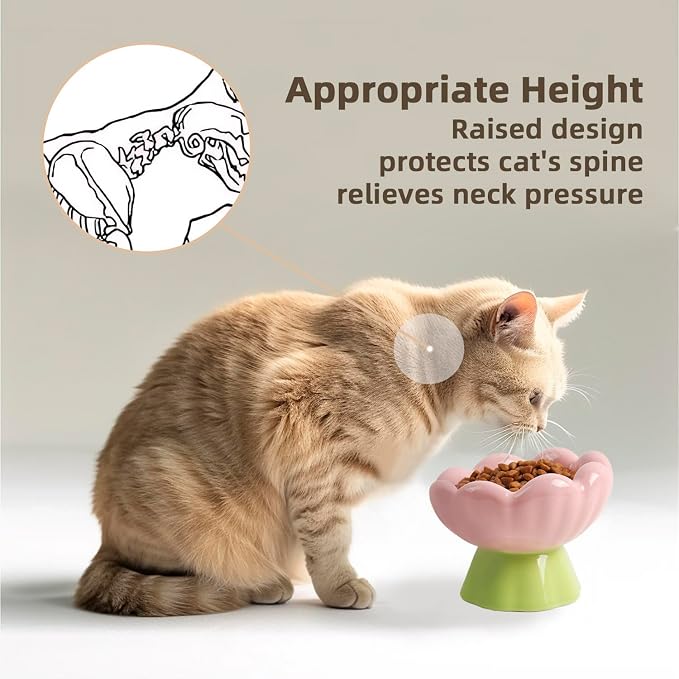 DIF DECO Ceramic Raised Cat Bowl, Pink Elevated Food Bowls for Food and Water Protecting Spine and Whisker Friendly, Tulip Shape Cute Pet Feeder Dish for Indoor Cats and Small Dogs (Height 4.1 inch) - Image 2