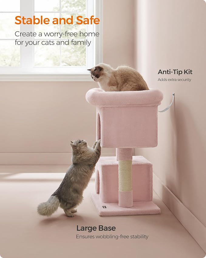 Feandrea Cat Tree, 33.1-Inch Cat Tower, Plush Condo for Large Cats up to 16 lb, Large Perch, 2 Caves, Scratching Post, Jelly Pink UPCT061P01 - Image 8
