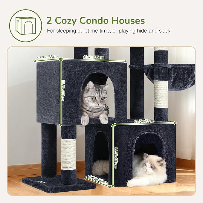 Globlazer 52in Cat Tree Tower for Indoor Cats, 2 Condos, S52, Dark Grey | Multi-Level Plush House, 5 Sisal Scratching Posts, 2 Padded Top Perches, Big Metal Basket, Stable Enlarged Base - Image 2