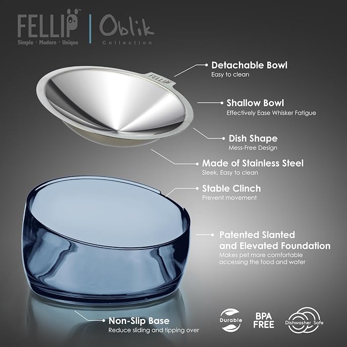 Felli Pet Oblik Whisker Fatigue Cat Food Bowl Raised Stainless Steel Shallow Dish, Pet Design Anti Vomit Tilted Metal Plate Feeder Elevated Acrylic Base (Shadow, 0.5 Cups Shallow Dish) - Image 2