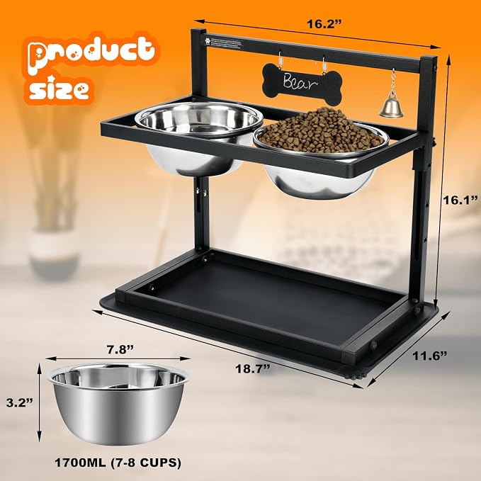 SHAINFUN Elevated/Raised Dog Bowls Stand Adjusable Height with Two 1.7L Stainless Steel Food Bowls and Spill Proof Mat, for Large and Medium Dogs. - Image 5