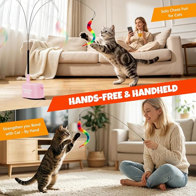 Interactive Cat Toys For Indoor Cats, 360° Flying Automatic Cat Toy, Pink | Rechargeable, Strong Suction Base, Self-Play & Handheld, Electric Spin Game Enrichment Toy, Long Kitty Wand for Bored Cats - Image 3