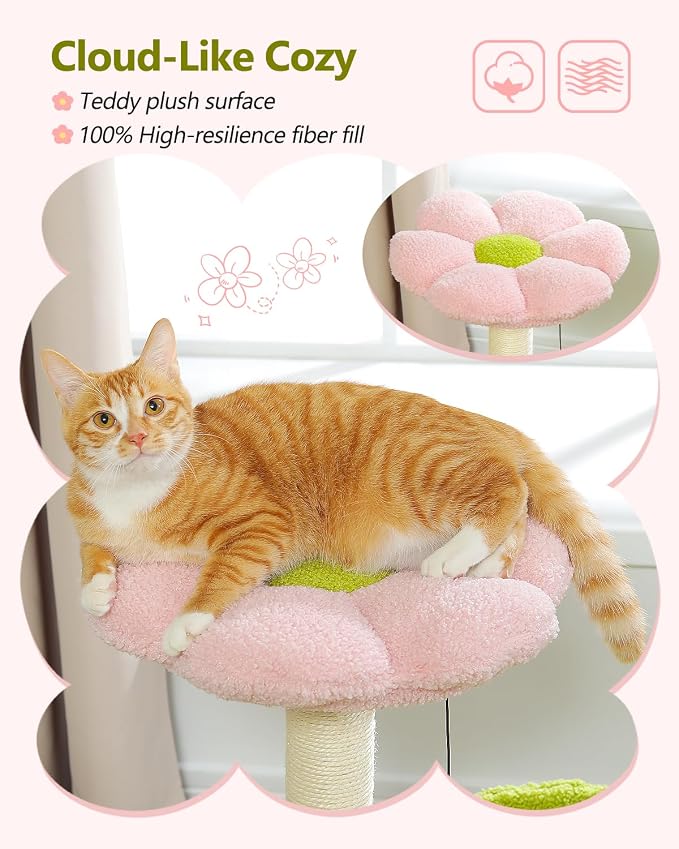 Flower Cat Tree, 28" Cat Tower with Cozy Flower Perch, Large Hammock for Indoor Small Cats, Cute Cat Tree with Sisal Scratching Post and Fur Toy Ball for Kittens, Pink | Plush flower perch, Metal frame hammock, Sisal post, Fluffy toy ball, Thickened st... - Image 7