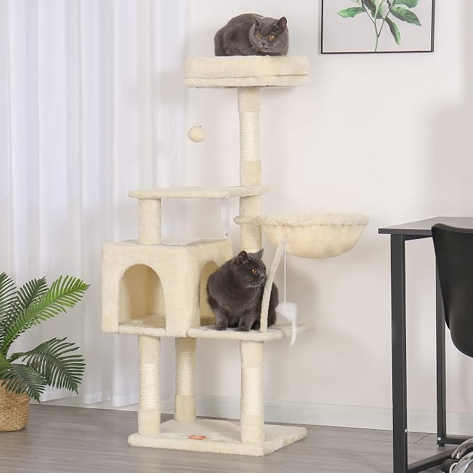 Heybly Cat Tree with Toy, 43.3 inch Cat Tower for Indoor Cats HCT004M | Cat Condo with Durable Sisal Scratching Posts, Cat House with Padded Plush Perch, Cozy Hammock, Beige - Image 6