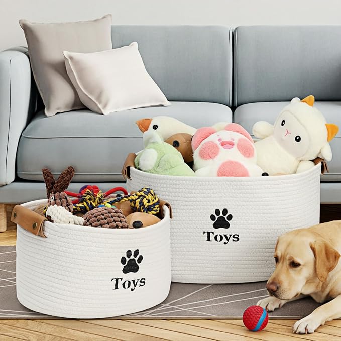 Dog Toy Basket Large, Quality Cotton Rope Dog Toy Bin (18x13x10’’) | Cute Paw Print Large Basket for Dog Toys, Portable Toy Storage Organizer with Handles for Pet Supplies, Toys & Accessories - Image 2