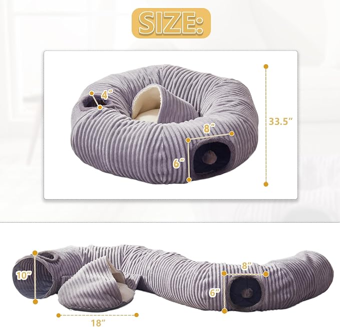 Cat Tunnel Bed for Indoor Cats - Cute Cat Donut Tunnel with Washable Circle Cushion and Blackout Tent Round Pet Play Toy for Kitten/Puppy/Rabbit, Grey - Image 4