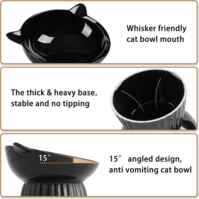Ceramic Raised Cat Bowl，Tilted Raised Bowl Anti Vomit for Indoor Cats Whisker Friendly Pet Feeder for Cats Puppies, Microwave and Dishwasher Safe (Black) - Image 3