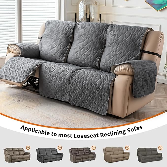 Genina Waterproof Couch Cover for Reclining Couch 3 Seat Recliner Sofa Covers, Non-Slip Recliner Couch Cover Furniture Protector with Elastic Straps for Pets, Dogs (Dark Gray, Recliner Sofa) - Image 4