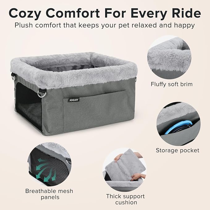 JOEJOY Deluxe Dog Booster Seat with Sturdy Metal Frame and Safety Leash for Small Pets up to 20 lbs - Portable Puppy Dog Car Seat with Thick Cushion and Storage Pockets for Small Dogs - Image 4