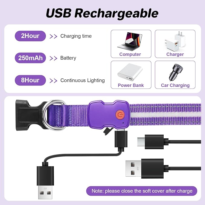 PcEoTllar Light Up Dog Collar, Led Dog Collar for Night Walking, Purple, L | Led Dog Collar for Night Walking, 3 Flashing Mode, USB Charge, For Small Medium Large Dogs, Waterproof, Durable Material - Image 4