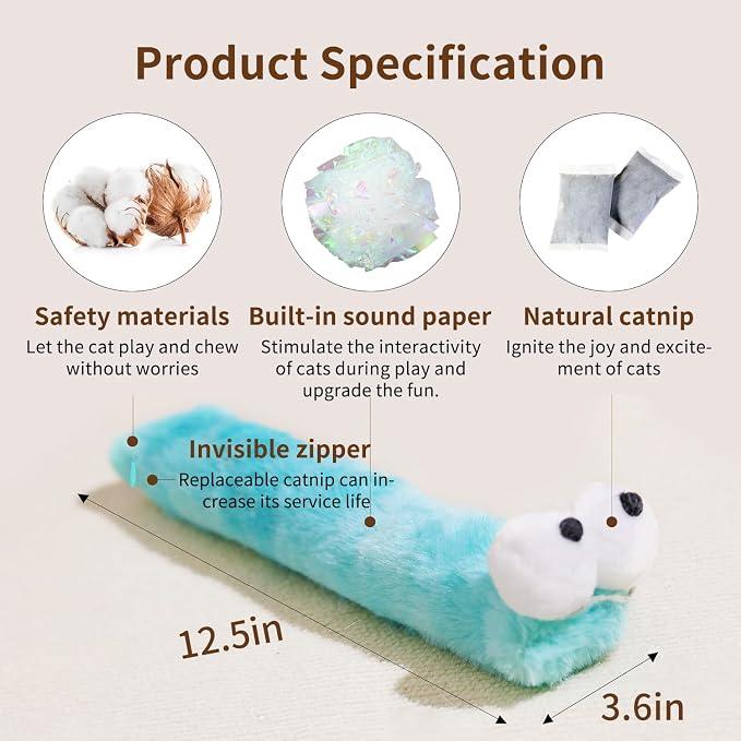 2BB Cat Kicker Toys 3 Pack, 13 Inch Quiet Catnip Toy Pillows for Indoor Cats, Soft Plush Refillable Kick Sticks for Kittens, Interactive Play & Exercise (Multi-Color) - Image 7