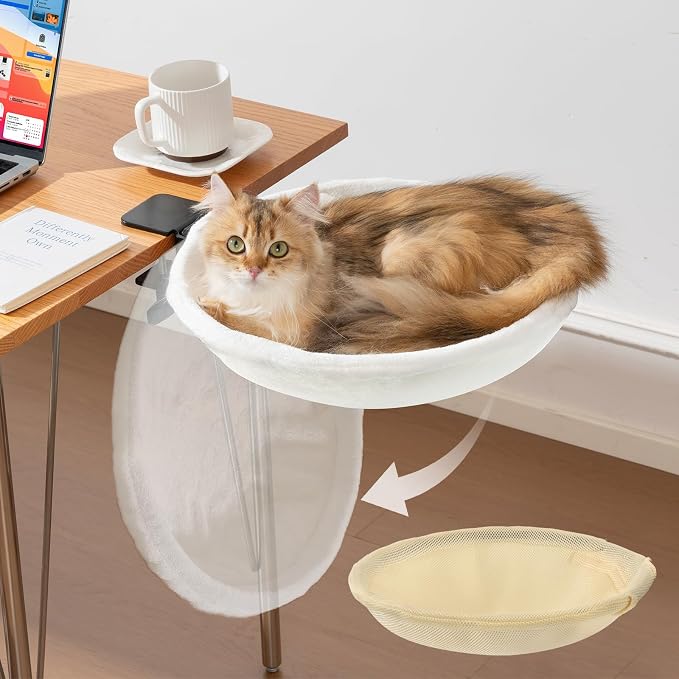 Uross Cat Desk Bed, Space Saving Desktop Folding Cat Hammock Work from Home Office Accessories for Indoor, 2 Interchangeable Covers (Cozy Plush & Breathable Mesh) for All Seasons-Beige by Uross