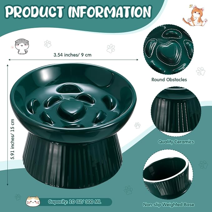 Tioncy 1 Pcs Ceramic Elevated Slow Feeder Cat Bowl, Raised Cat Slow Feeder Bowl, Anti Vomiting for Dry and Wet Food, No Spill High Edge Easy Clean Dishwasher Safe (Dark Green) - Image 2