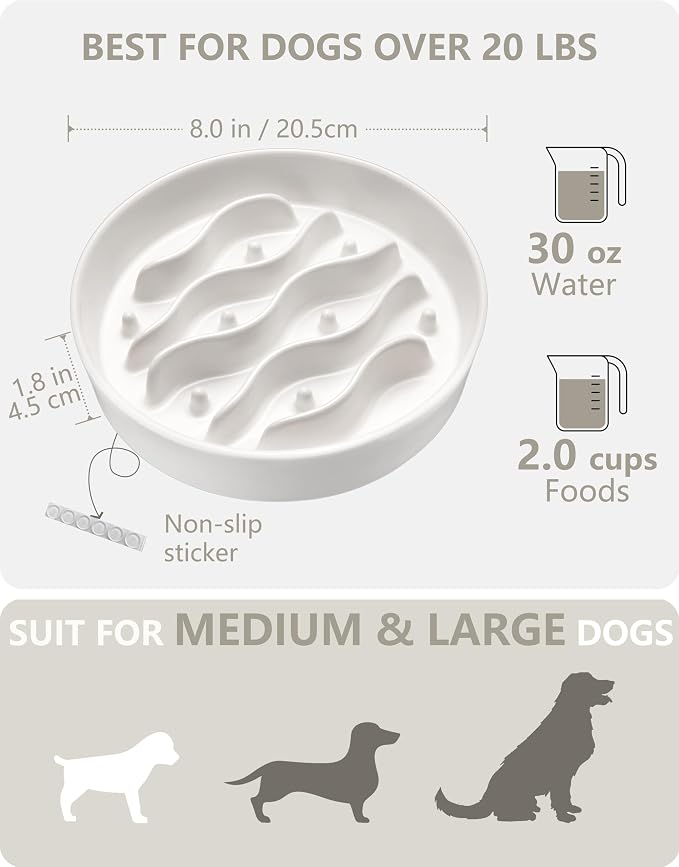 Ceramic Slow Feeder Dog Bowls for Medium and Large Dogs, 2.0 Cups Dog Slow Feeder for Fast Eater, 30oz, 8in, White - Image 5