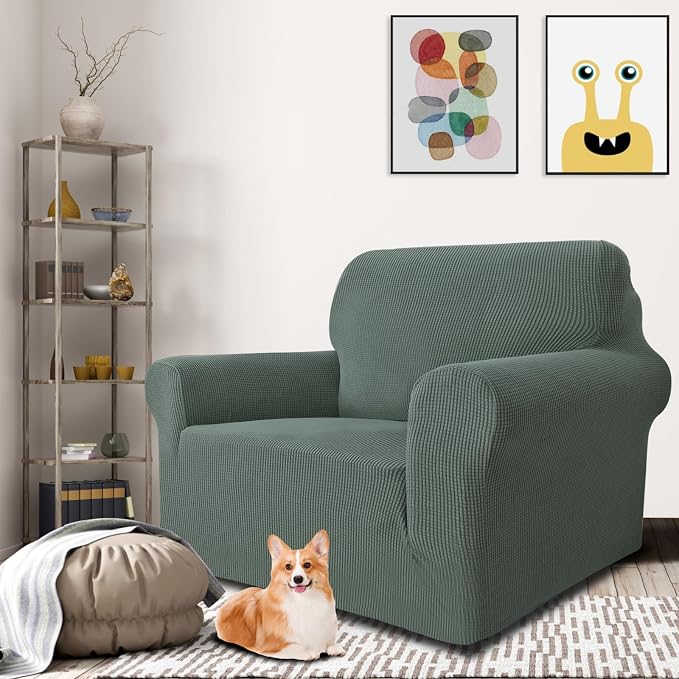 MAXIJIN Stretch Chair Cover Chair Slipcovers with Arms, 1-Piece Couch Sofa Chair Covers for Living Room, Non Slip Armchair Cover (31"-46") Furniture Protector Dogs Pet Friendly (Chair, Pea Green) - Image 2