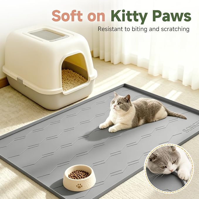 Songrey Silicone Cat Litter Mat 34" x 22", Large Litter Trapping Mat, Gray | Waterproof, Urine-Proof Litter Box Mat for Floor, Soft on Kitty Paws, Easy To Clean, Cat Supplies, Pet Feeding Mat - Image 5