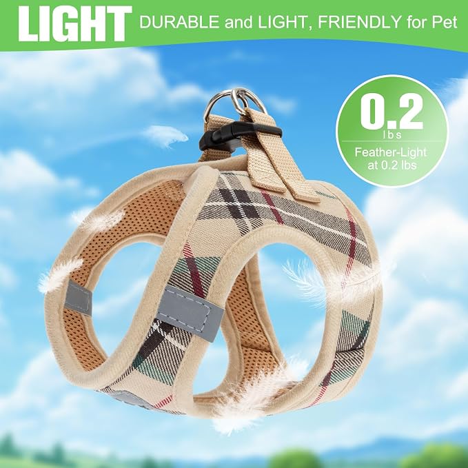 Plaid Small Dog Harness and Leash Set with AirTag Holder - Soft Padded Step in Dog Vest Harness Medium Sized Dog, No Pull Reflective Puppy Harness, Collar and Leash for Walking, Khaki L - Image 6