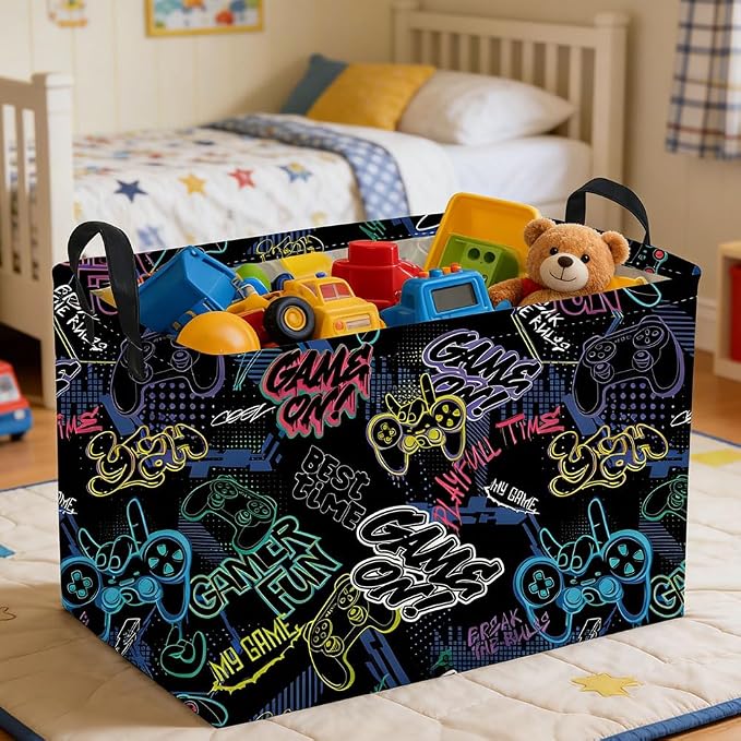 Rectangular Kids Baskets,Waterproof Foldable Storage Basket with Handles,Games Basket,Boys Room DecorGame Storage Bin,Shelf Baskets(Cool Game) - Image 3