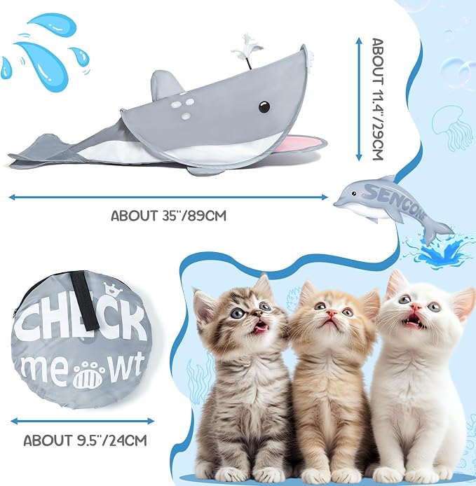 SENCONE Dolphin-Shaped Cat Tunnel Toy Portable Hideout Nap Tube for Kittens | Play, exploration and hide-and-seek. Foldable for storage and travel. Indoor and occasional travel. - Image 6