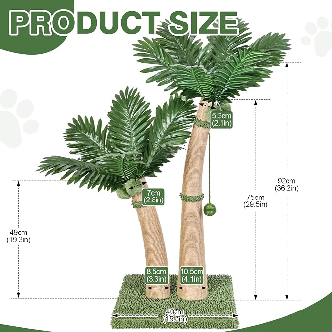 Palm Tree Cat Scratching Post, 36'' Cat Scratcher Post with Natural Sisal Rope, 5 Interactive Balls and 2 Curved Design Scratching Posts for Indoor Cats Adults and Kittens, Multi-Combinable (Style C) - Image 3