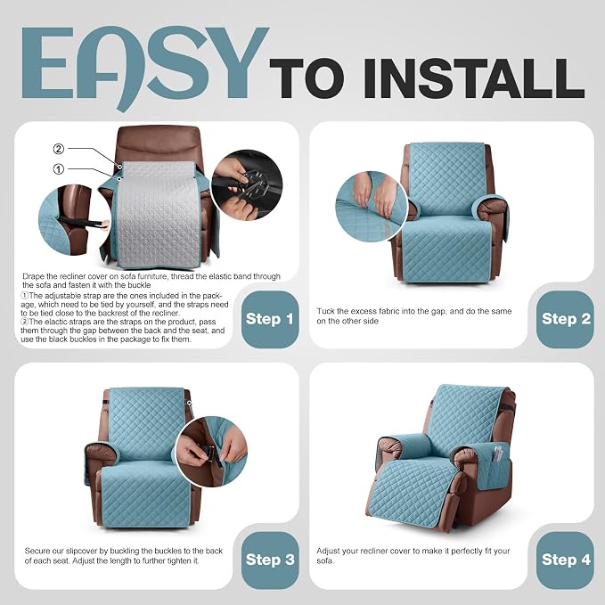 KinCam 100% Waterproof Recliner Chair Covers Washable, 23.6", Light Blue | Anti Slip Reclining Couch Covers for Pets Dog, Recliner Sofa Slipcover Storage Pocket, Furniture Protector with Elastic Strap - Image 7