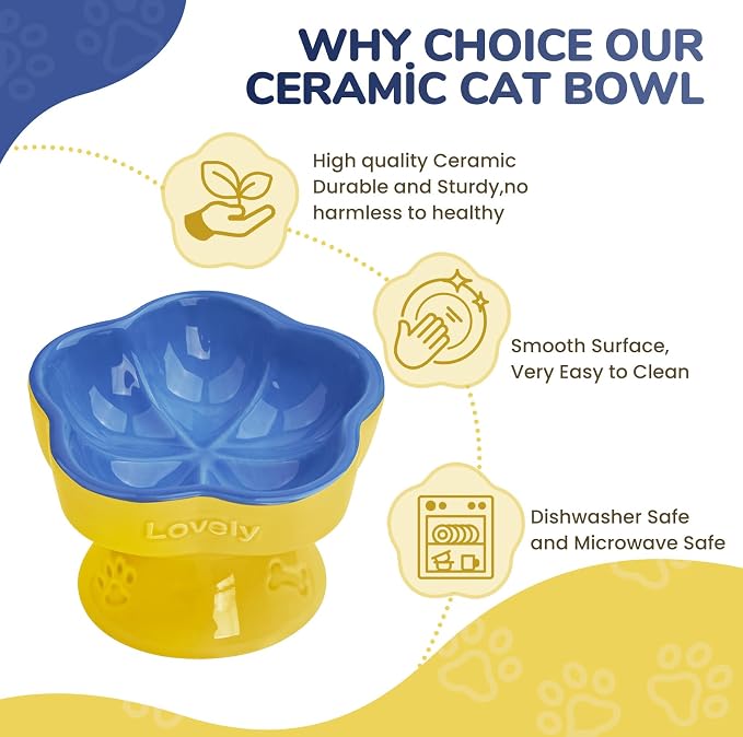 S&Q's CERAMICS Raised Cat Bowl, Elevated Cat Bowl for Food and Water, Ceramic Titled Dish, Anti Vomit & Whisker Friendly, Microwave and Dishwasher Safe (Blue, 5.8") - Image 4