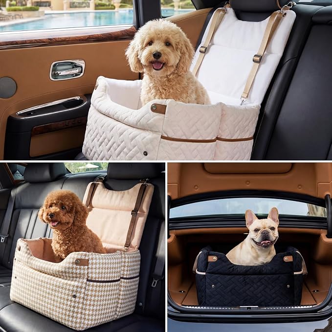 ZOMISIA Elevated Dog Car Seat for Medium Dogs, 3 Adjustable Heights with 2 Egg Crate Foam Boosters 4"+2", Dual-Sided Cooling&Plush Waterproof Cover, 2 Safety Leashes & Buckles, Beige - Image 7