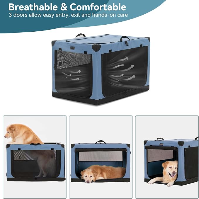 PETSFIT 36" Soft Portable Dog Crate – Patented Spiral Sturdy Frame, Collapsible Travel Kennel for Medium & Large Dogs, 3 Mesh Door, Lockable Zippers, Indoor & Car Use Blue - Image 7
