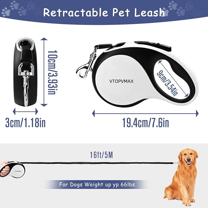 16Ft Retractable Dog Leash - for Small to Medium Dogs Up to 66lbs, Heavy Duty Retractable Leash with Light Rechargeable, Quick Lock Braking & Non-Slip Handle (White) - Image 2